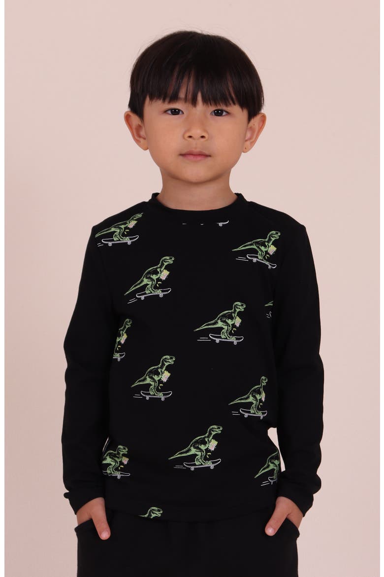 Kids' Skating Dino Long Sleeve Graphic T-Shirt, Alternate, color, BLACK