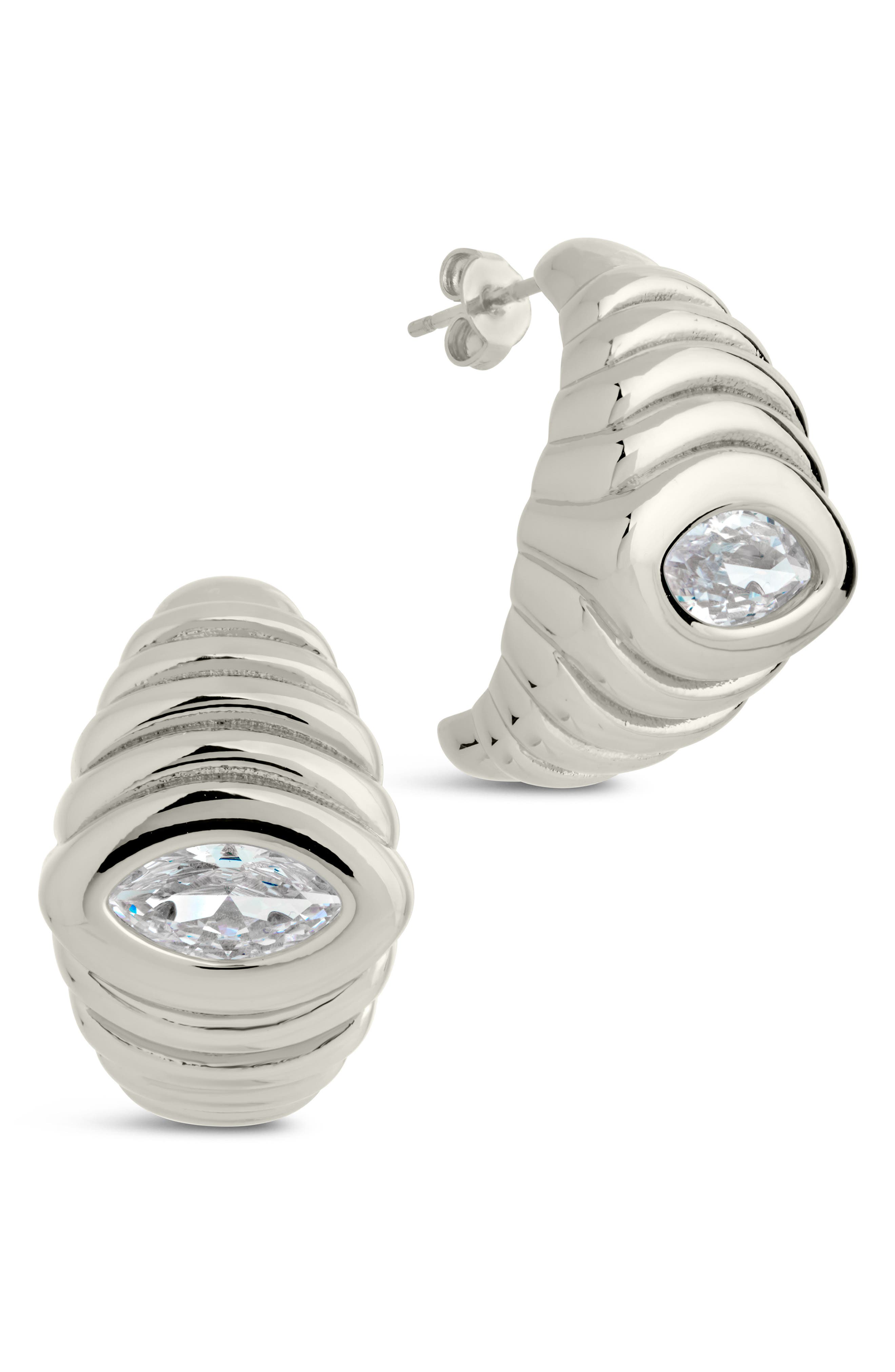 Sterling Forever Cubic Zirconia Croissant Hoop Earrings