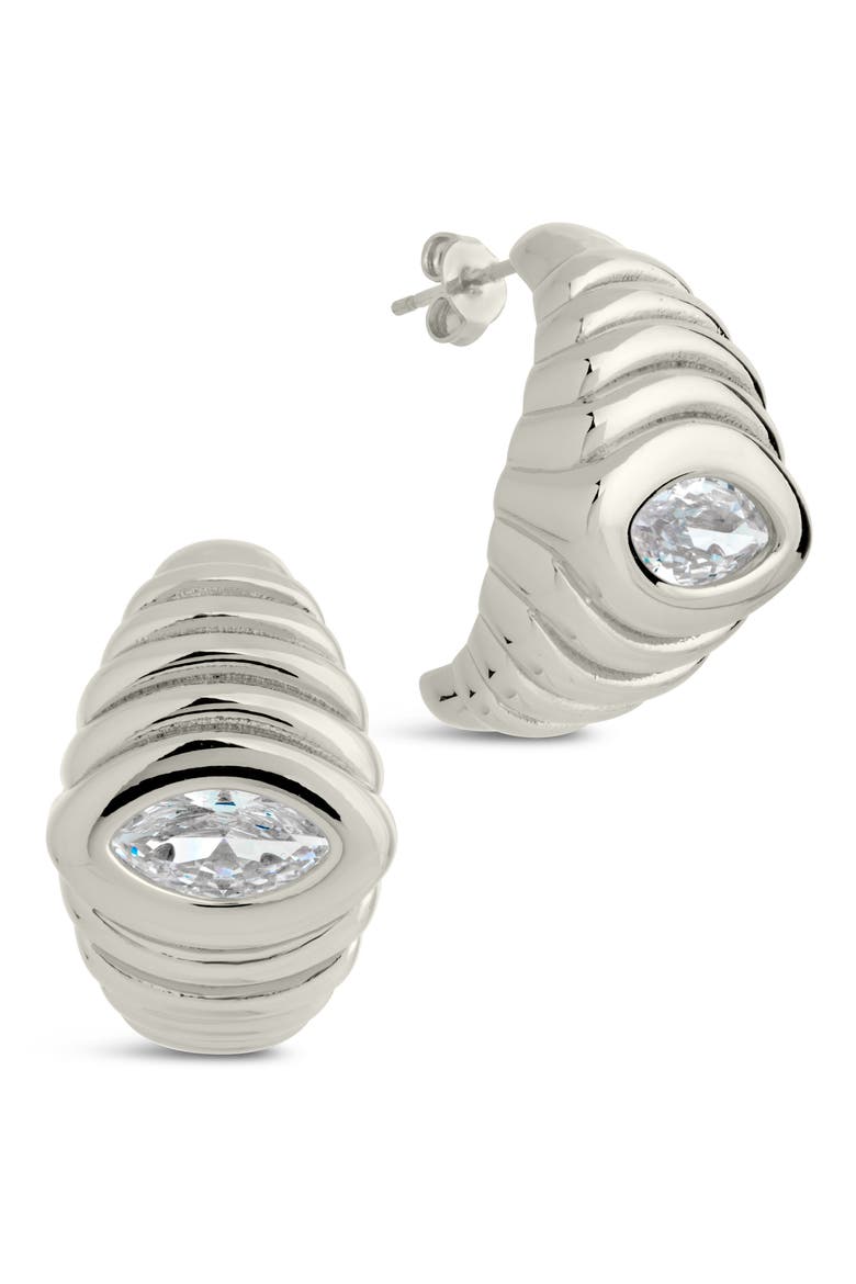 Cubic Zirconia Croissant Hoop Earrings, Main, color, SILVER