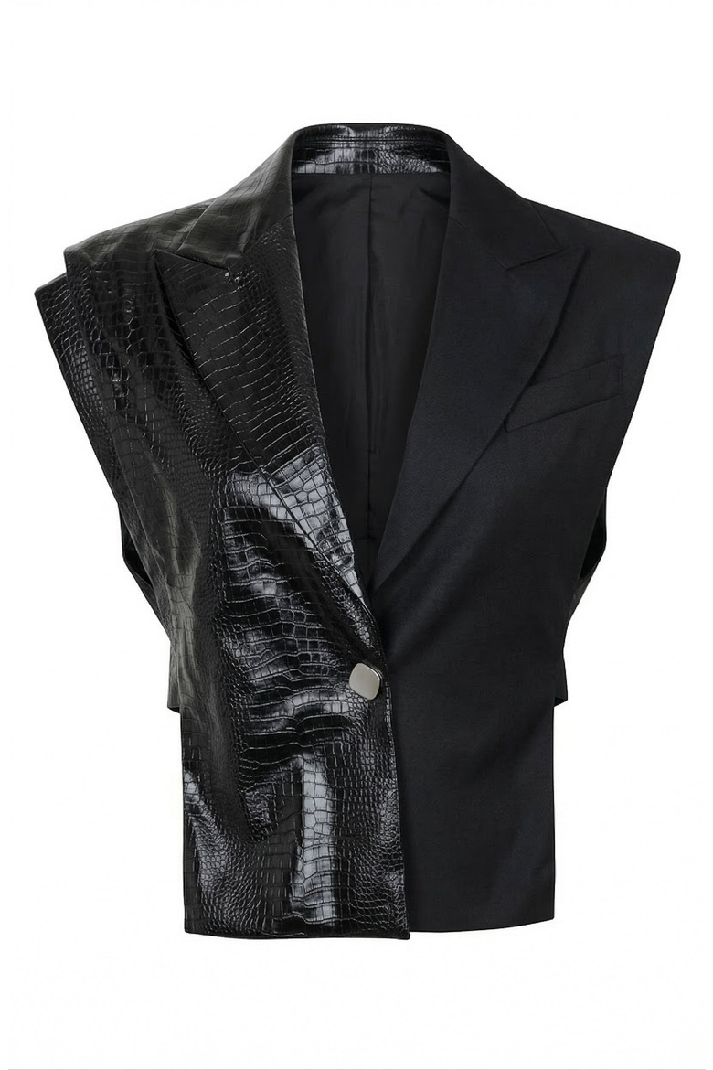 Mixed Texture Sleeveless Embossed Blazer Top, Alternate, color, Black