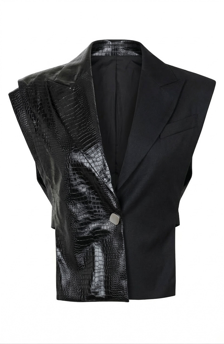 Modenaire Mixed Texture Sleeveless Embossed Blazer Top, Alternate, color, Black