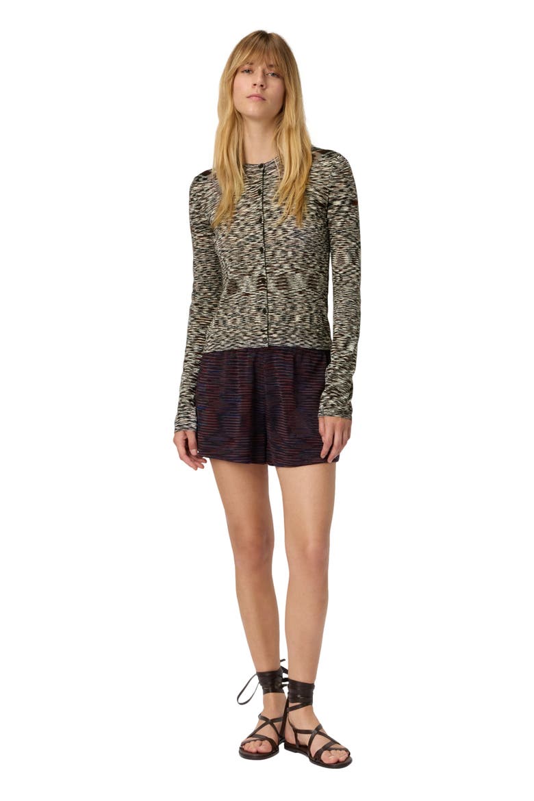Short Crew Neck Cardigan In Smooth Flame Knit, Main, color, Black & Brown
