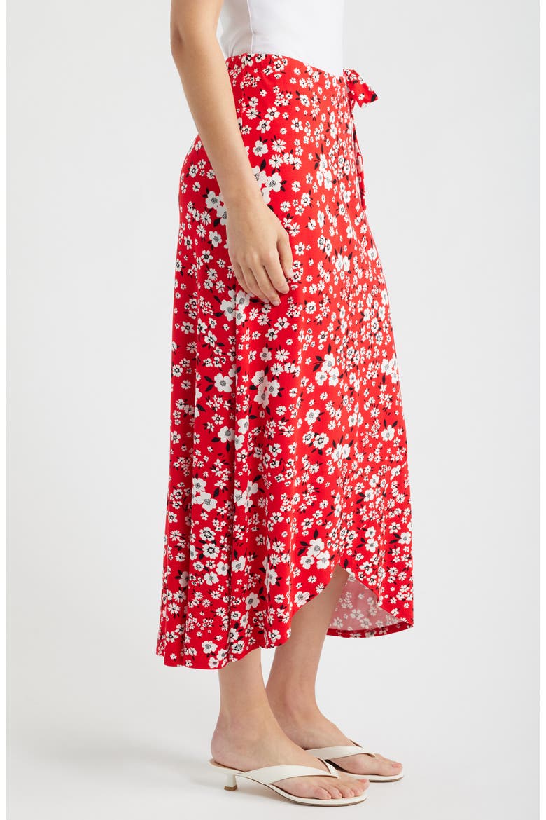 Floral Faux Wrap Knit Midi Skirt, Alternate, color, RED