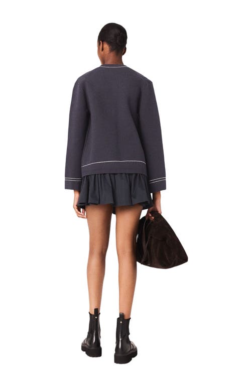 Maje Long Topstitched Knit Cardigan In Blue