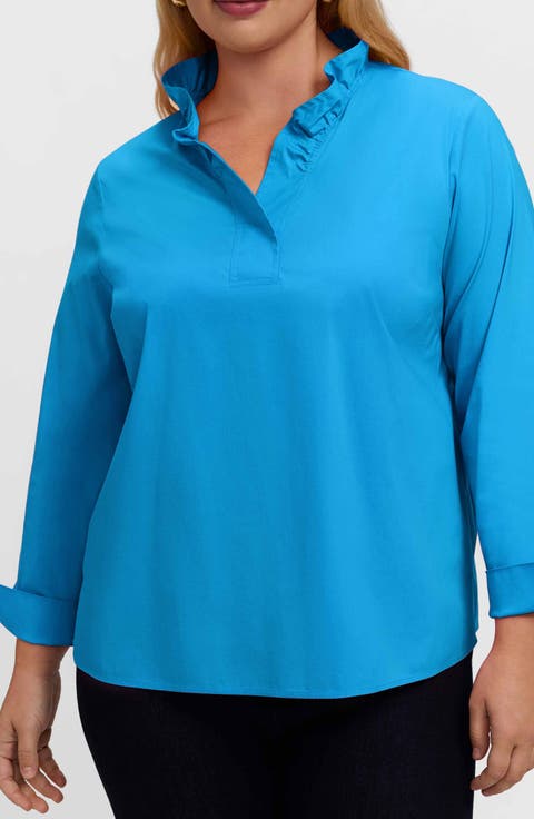 Tammy Ruffle Collar Cotton Blend Top (Plus)