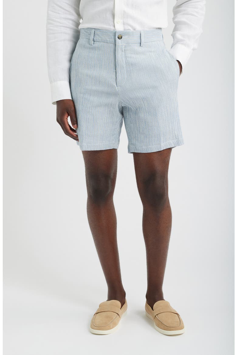 Linen Look Stripe Flat Front Cotton Seersucker Shorts, Main, color, NAVY