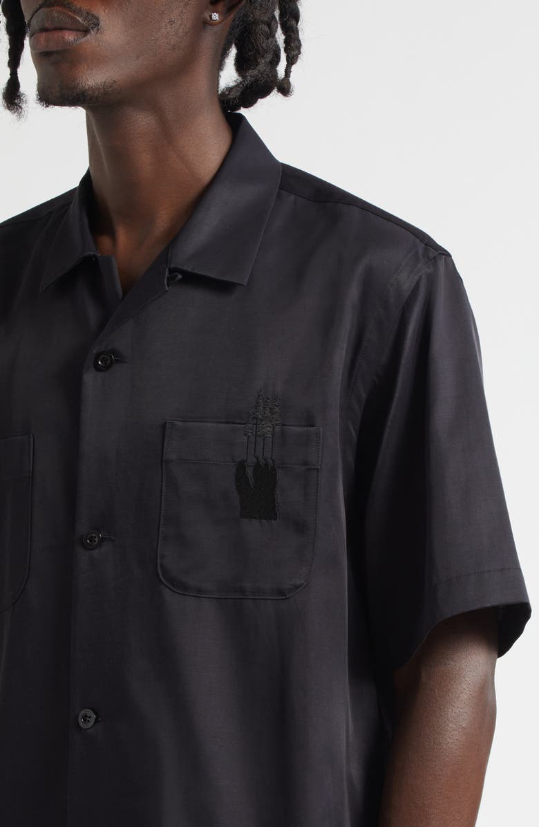 Sacai Where the Wild Things Are Embroidered Satin Camp Shirt, Alternate, color, Black