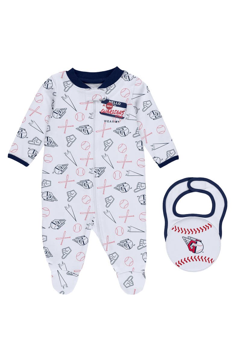 WEAR by Erin Andrews Newborn & Infant WEAR by Erin Andrews White Cleveland Guardians Sleep & Play Full-Zip Footed Jumper with Bib, Main, color, 