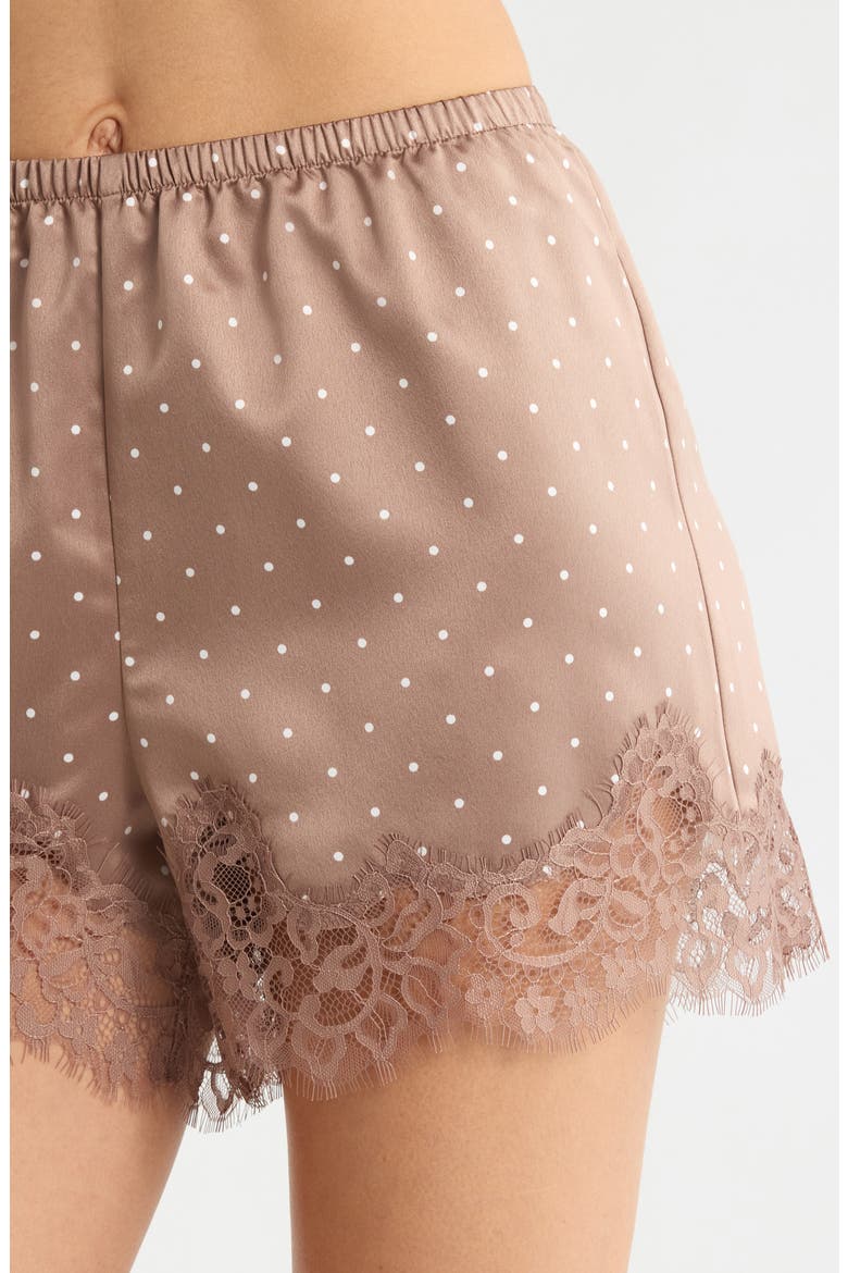 Lace Trim Satin Shortie Pajamas, Alternate, color, BROWN- IVORY PIN DOT