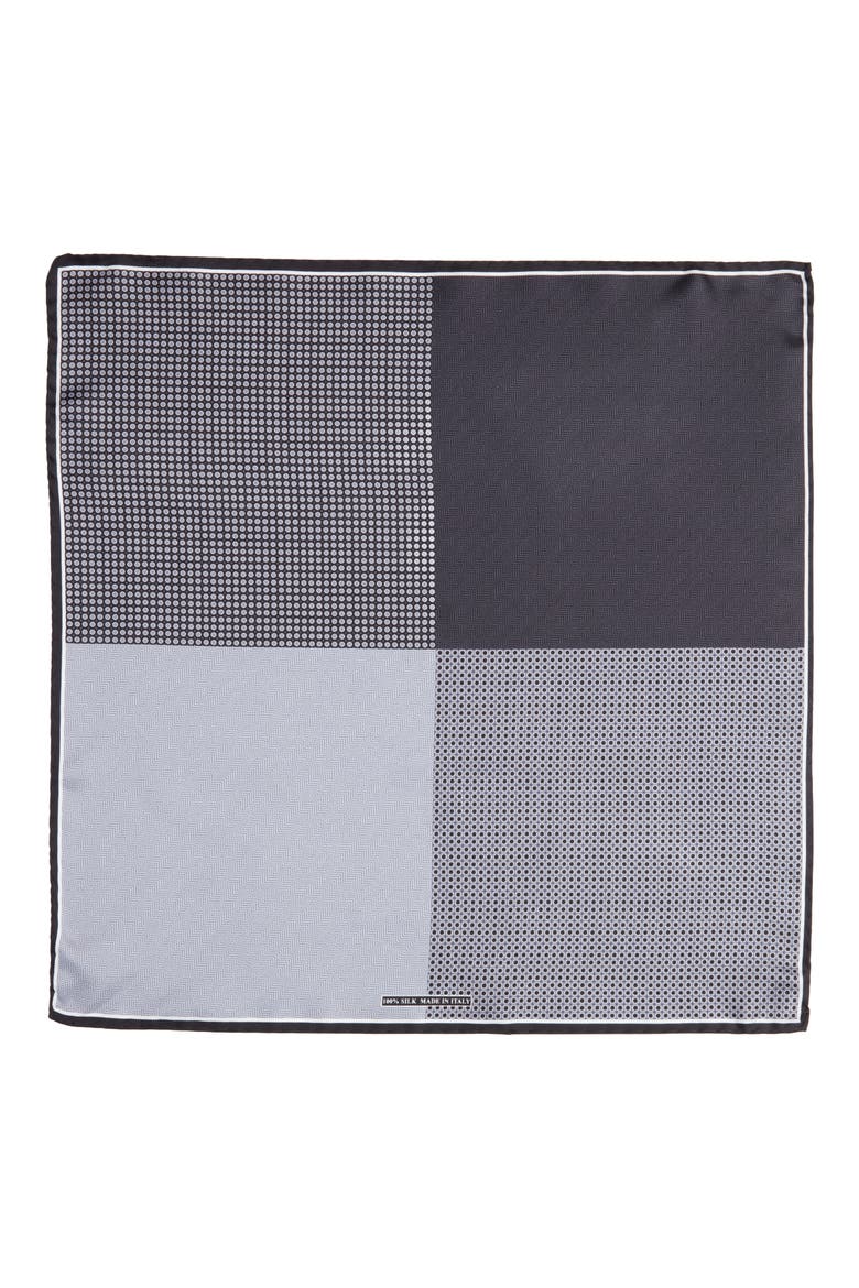 Quatrefoil Silk Pocket Square, Alternate, color, GREY/ BLACK