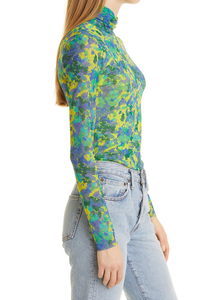 Print Fitted Mesh Turtleneck Pullover, Alternate, color, SULPHUR SPRING