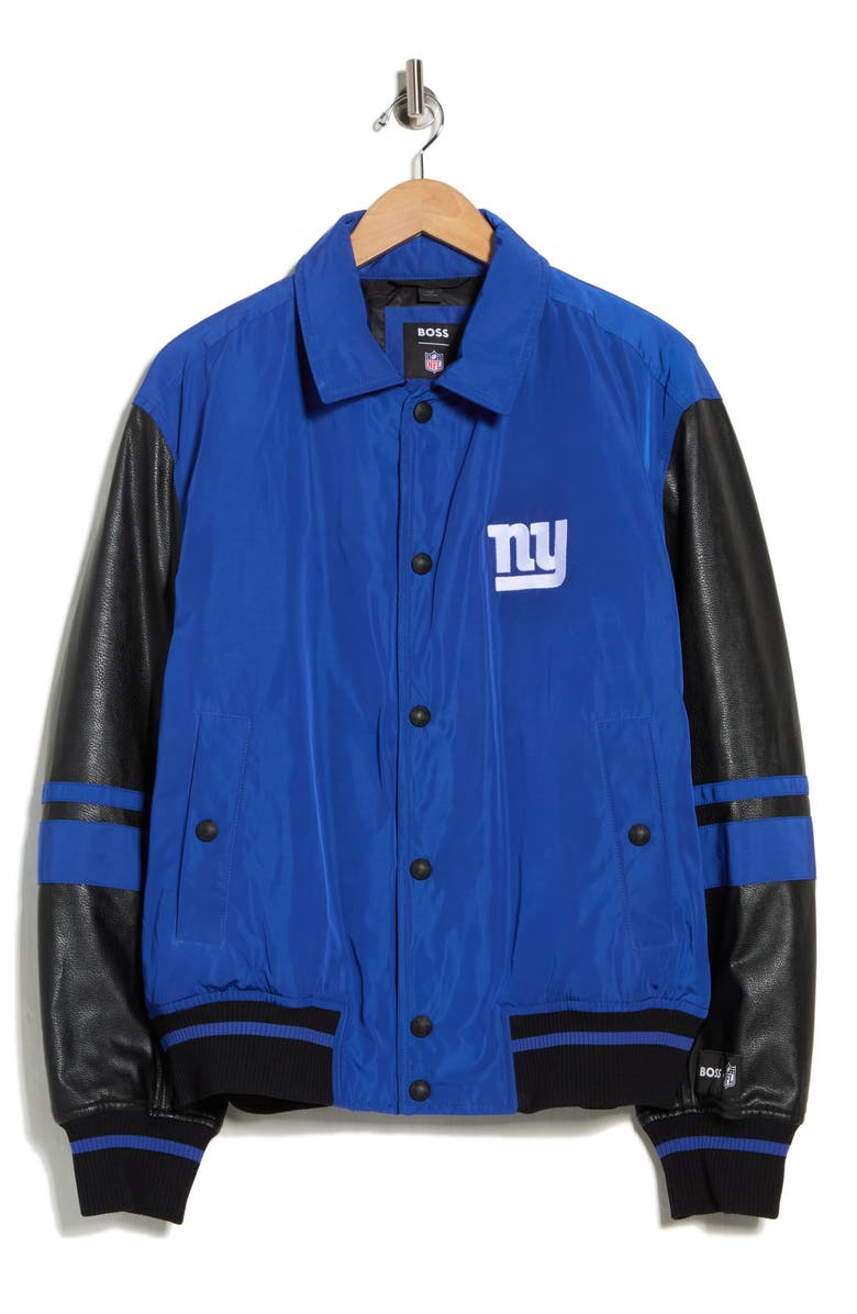 BOSS NFL New York Giants Faux Leather Sleeve Varsity Jacket, Main, color, Medium Blue