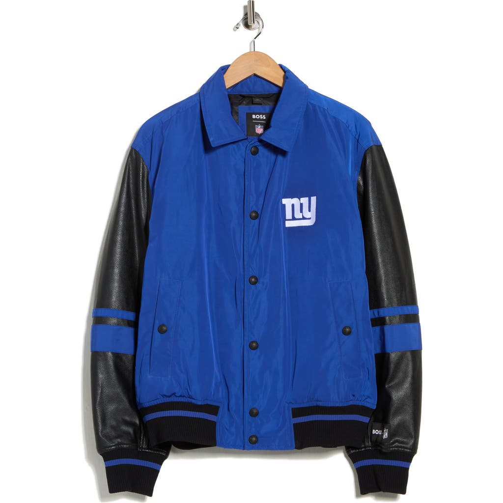 Hugo Boss Boss Nfl New York Giants Faux Leather Sleeve Varsity Jacket In Blue