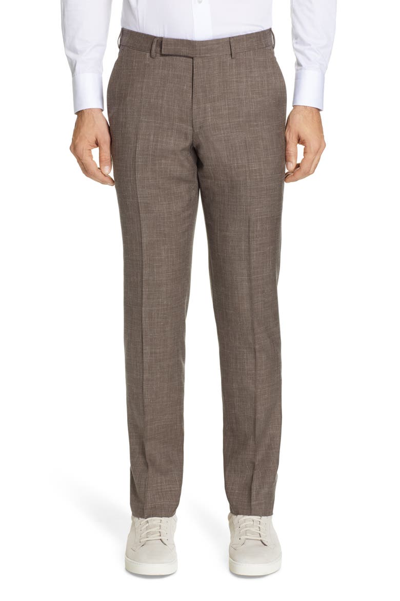 Ermenegildo Zegna Trofeo Flat Front Solid Wool Blend Dress Pants, Main, color, TAN