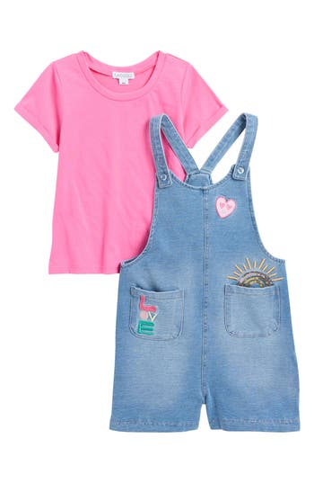Shop Flapdoodles Kids' Denim Shortall & T-shirt Set In Hot Pink/blue