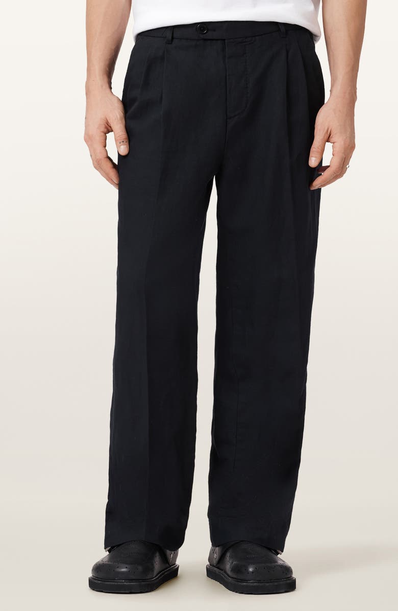 AllSaints Roland Pleated Cotton & Linen Dress Pants, Main, color, Faded Black