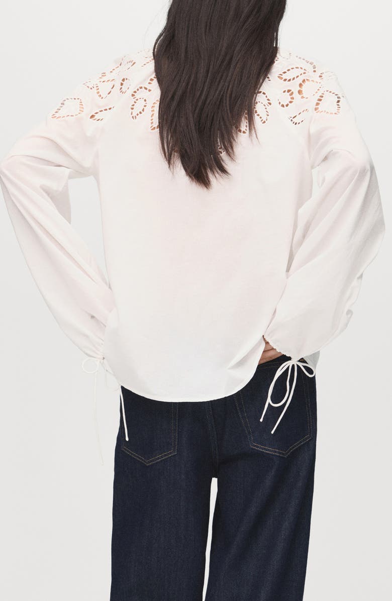 MANGO Embroidered Eyelet Tie Cuff Long Sleeve Top, Alternate, color, Ecru