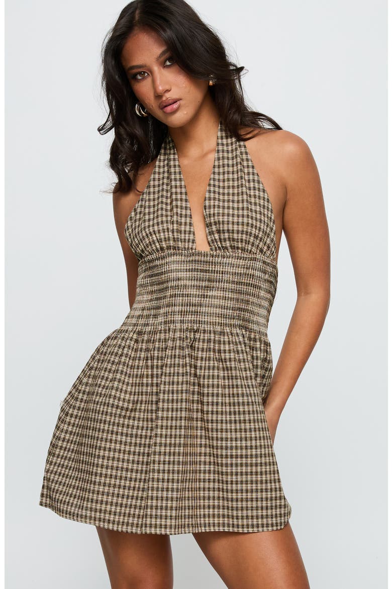 Juanette Check Halter Minidress, Alternate, color, BROWN CHECK
