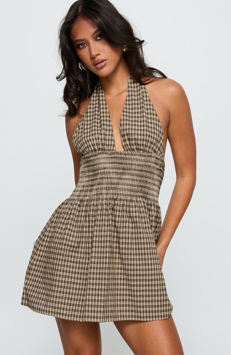 Princess Polly Juanette Check Halter Minidress, Alternate, color, Brown Check
