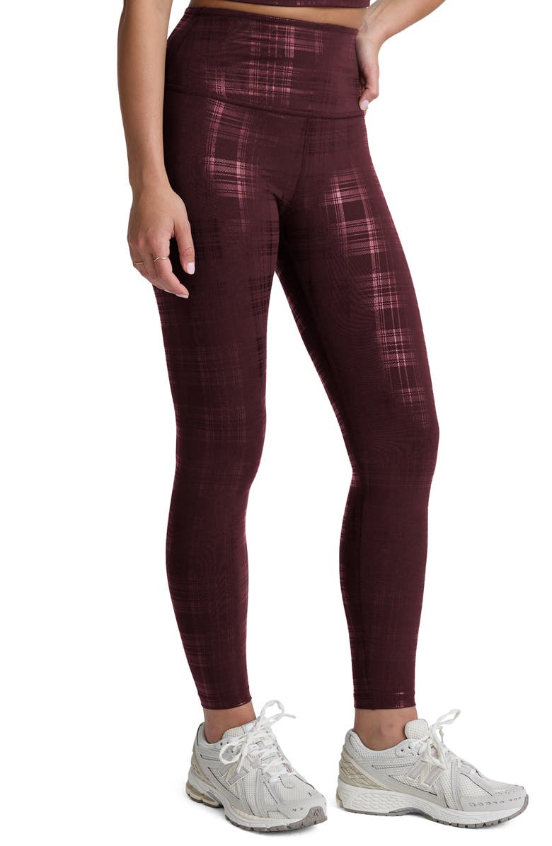 Beyond Yoga High Waist Midi Leggings, Alternate, color, Plaid Foil Burgundy
