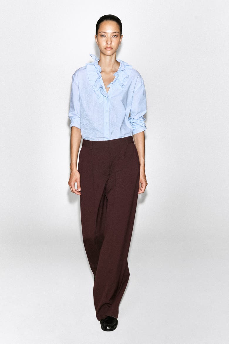 Ruffle-collar Seersucker Blouse, Alternate, color, BLUE / STRIPED