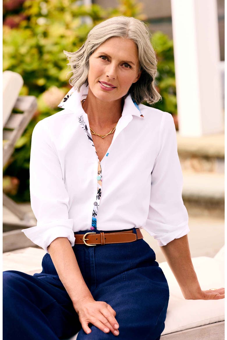Charlie Floral Trim Cotton Blend Button-Up Shirt, Alternate, color, WHITE