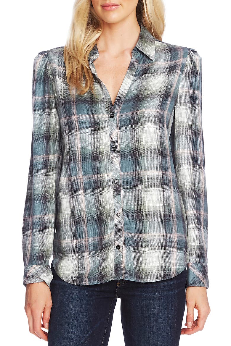 Puff Shoulder Check Plaid Shirt, Main, color, DK WILLOW
