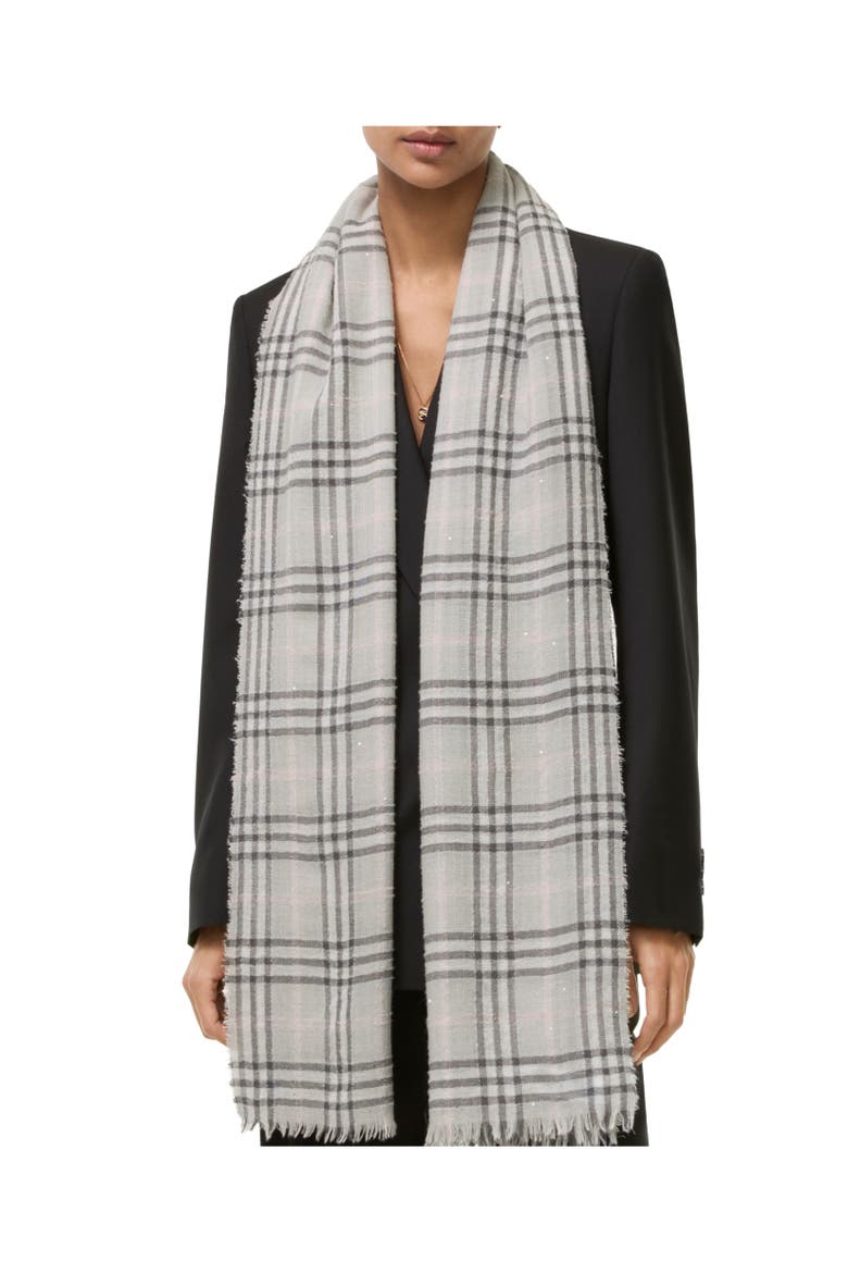 Wide Embellished Check Wool Silk Blend Scarf, Alternate, color, Mitten grey