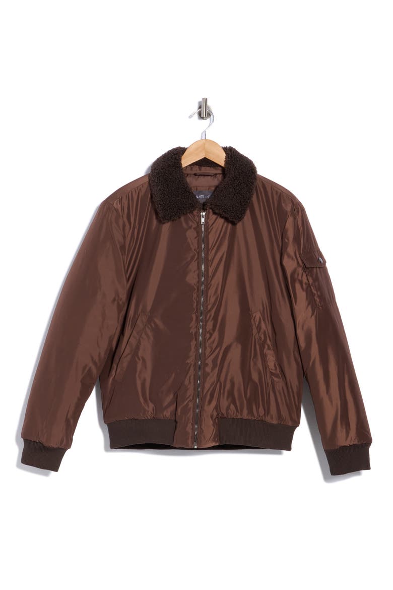 Nylon Flight Jacket with Faux Shearling Collar, Main, color, BROWN