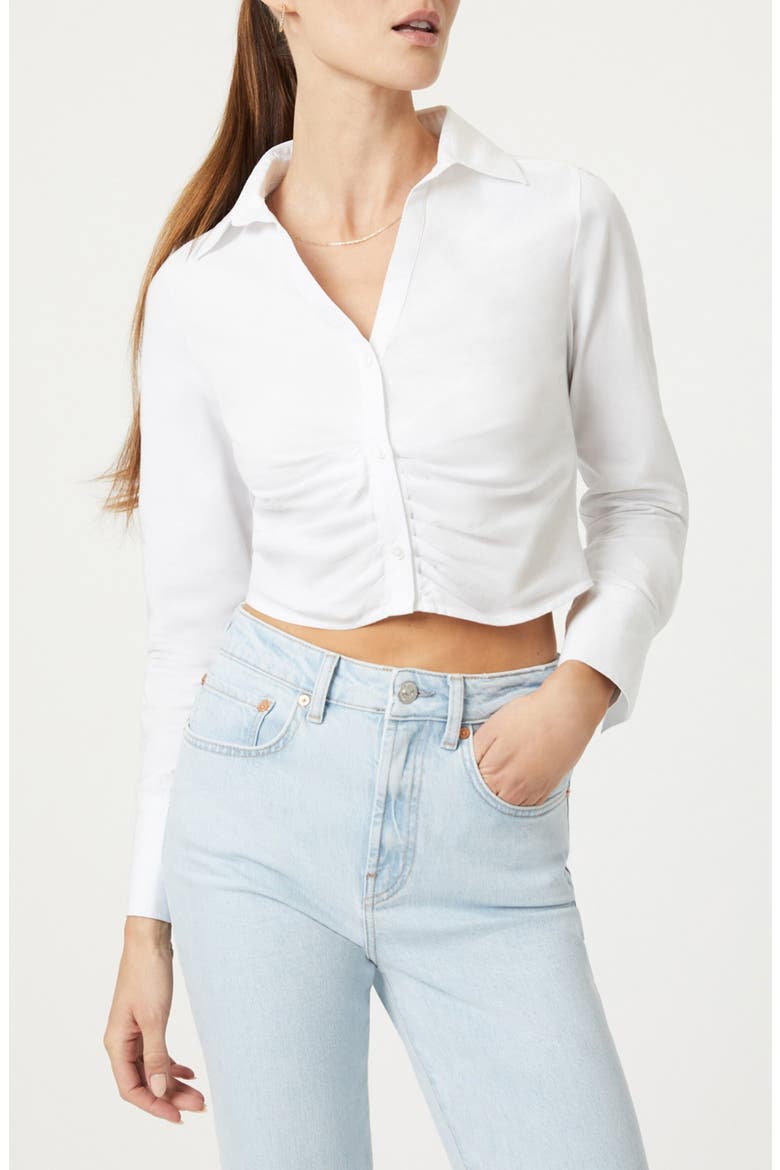 Ruched Crop Cotton Button-Up Shirt, Main, color, WHITE