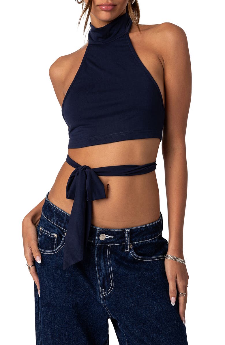 EDIKTED Hamlin Wrap Tie Halter Top, Main, color, Navy