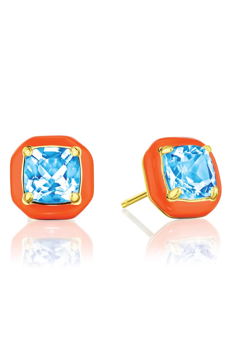 House of Frosted Orange Enamel & Blue Topaz Stud Earrings, Main, color, Orange/Blue