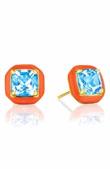 House of Frosted Orange Enamel & Blue Topaz Stud Earrings
