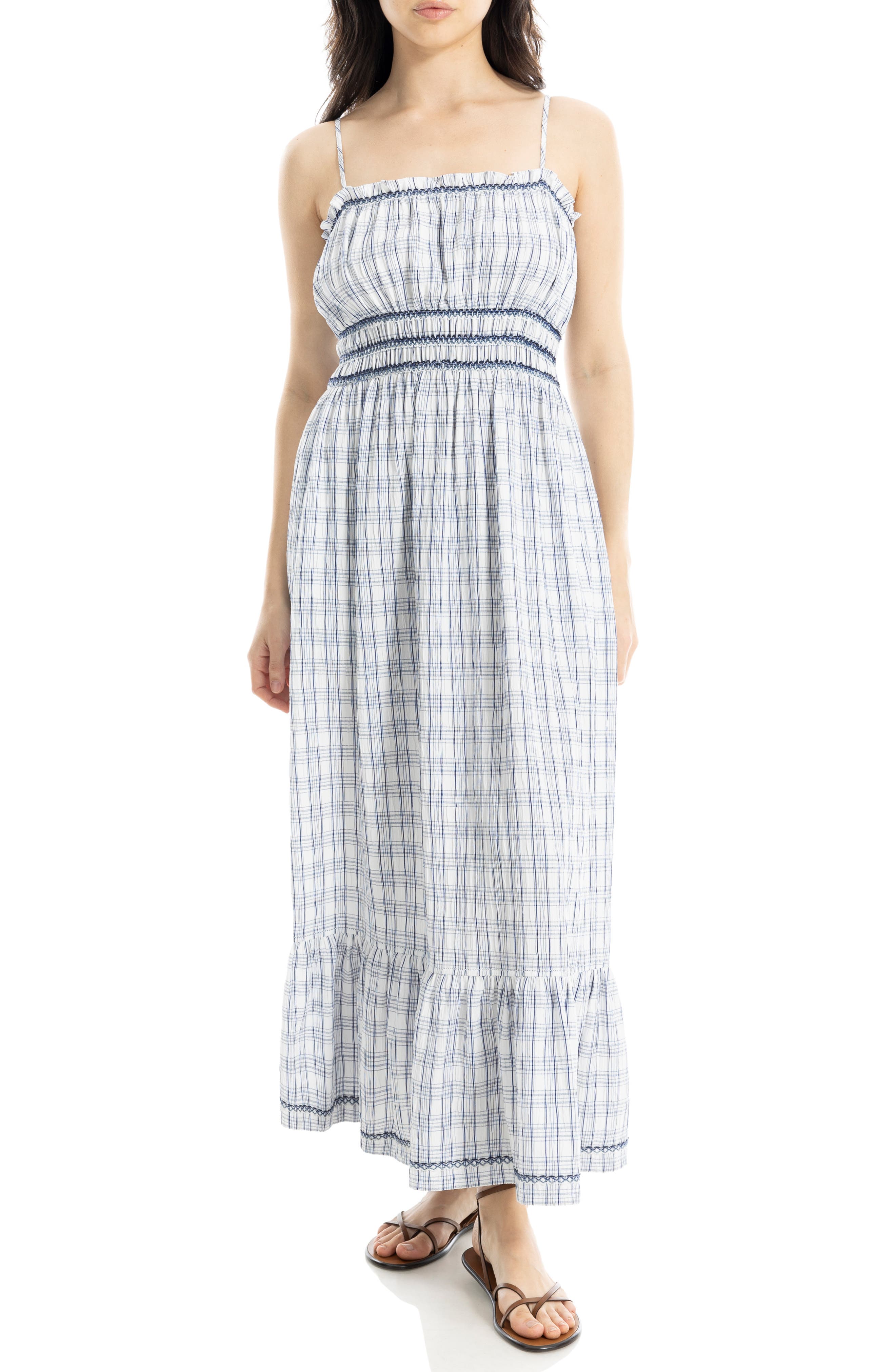 Windowpane Check Smocked Maxi Dress