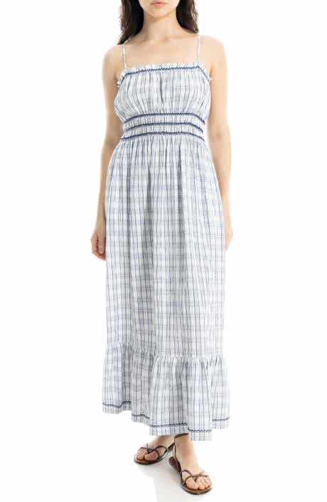 Windowpane Check Smocked Maxi Dress