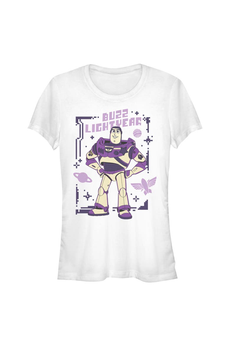 Junior's Purple Buzz Frame Short Sleeve Graphic T-Shirt, Main, color, White