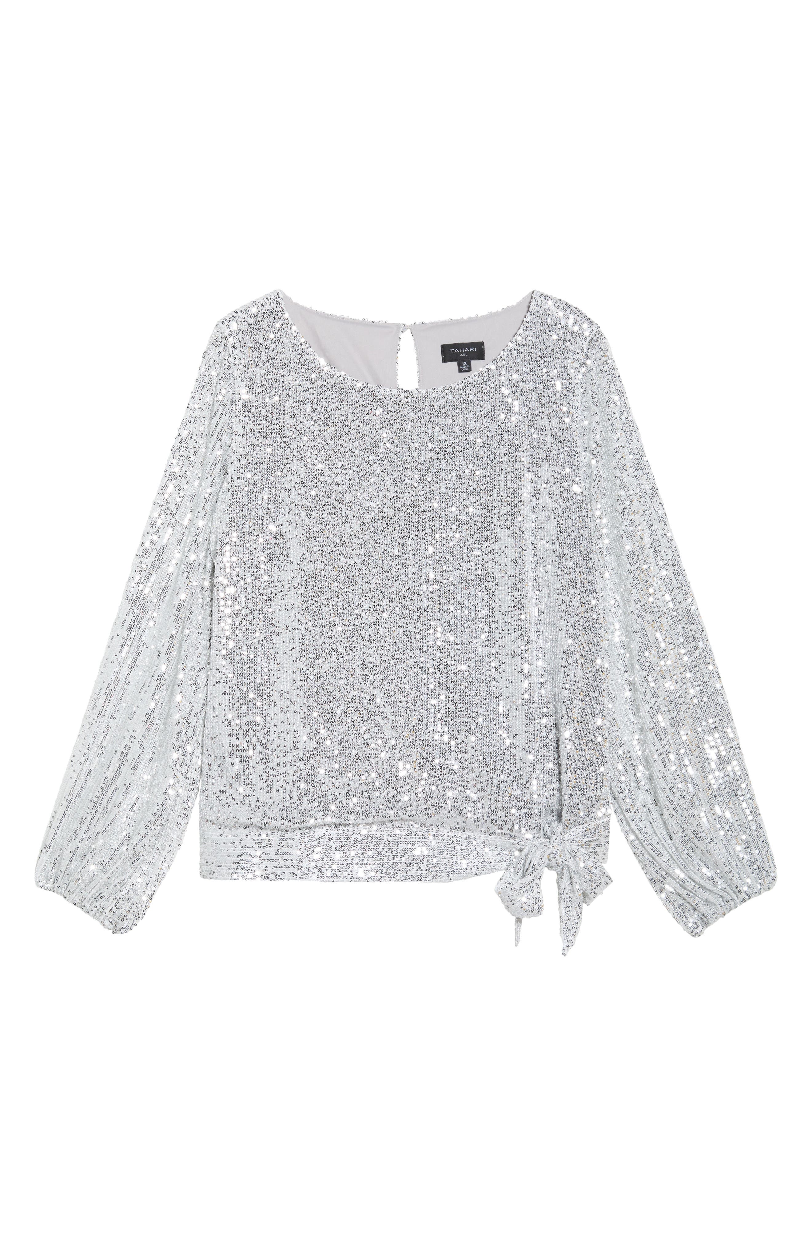 Tahari ASL Sequin Tie Hem Top in Silver 