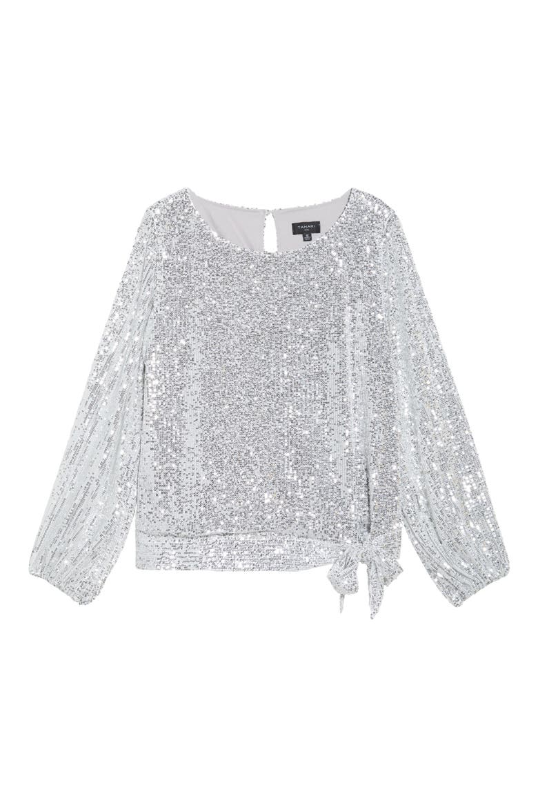 Sequin Tie Hem Top, Alternate, color, SILVER