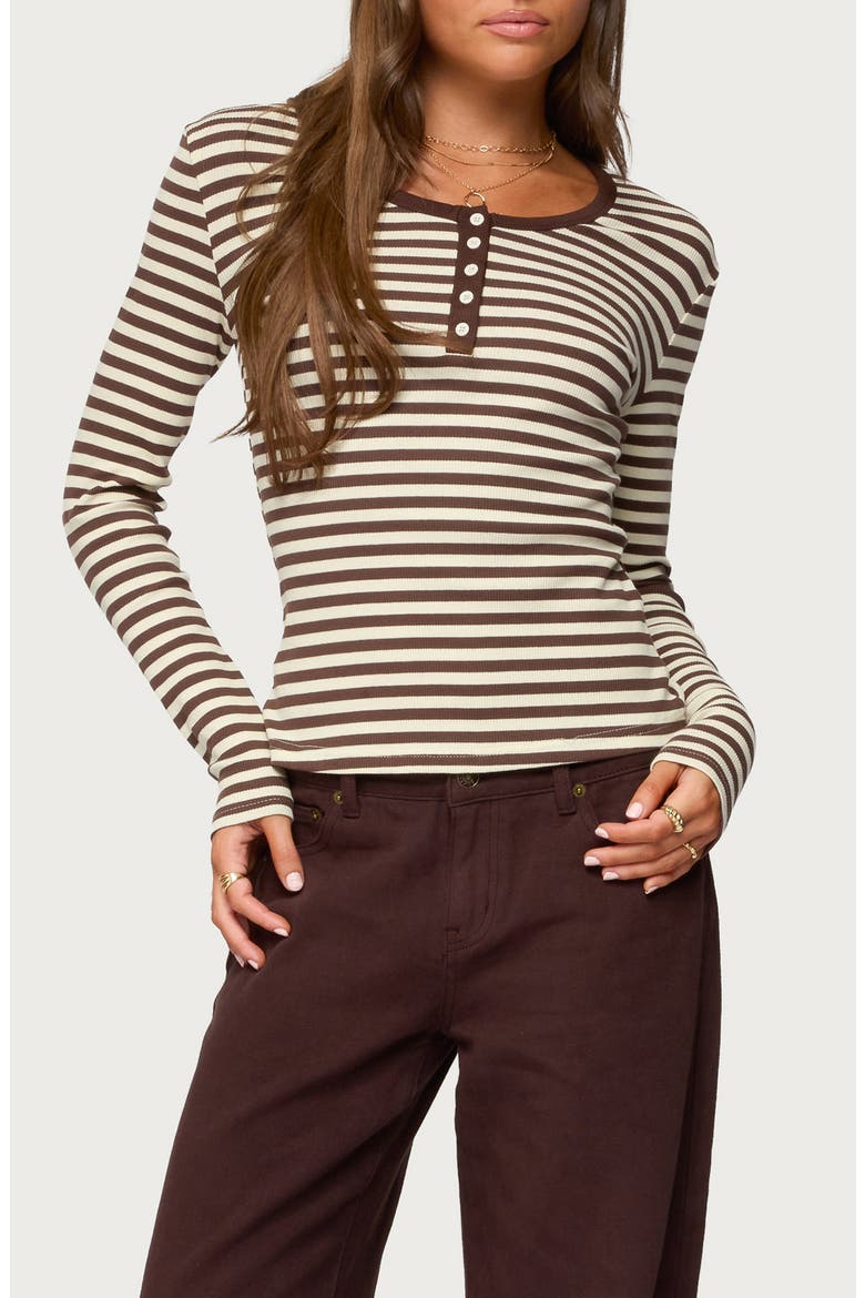 Roma Stripe Rib Henley Top, Main, color, BROWN