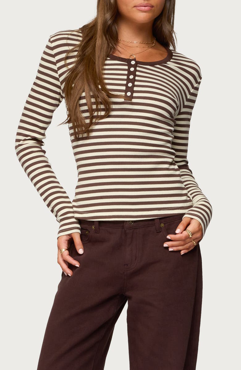 EDIKTED Roma Stripe Rib Henley Top, Main, color, Brown