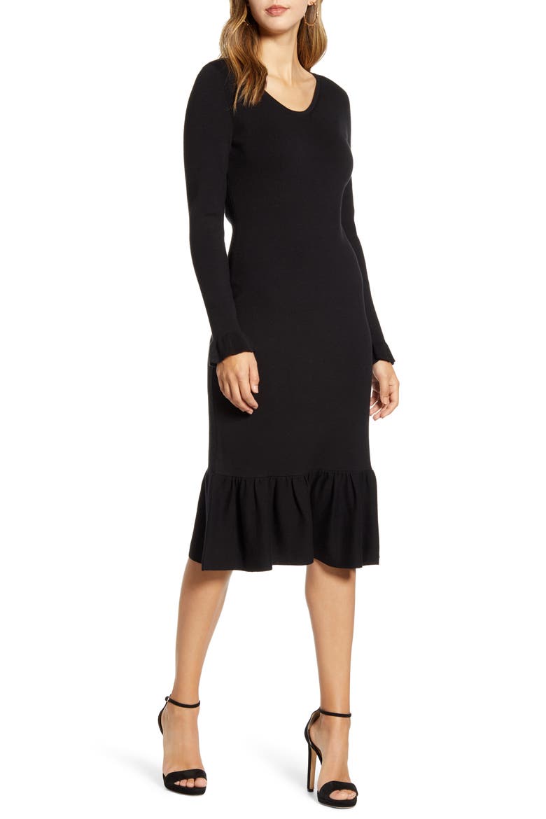 Ruffle Trim Sweater Dress, Main, color, BLACK