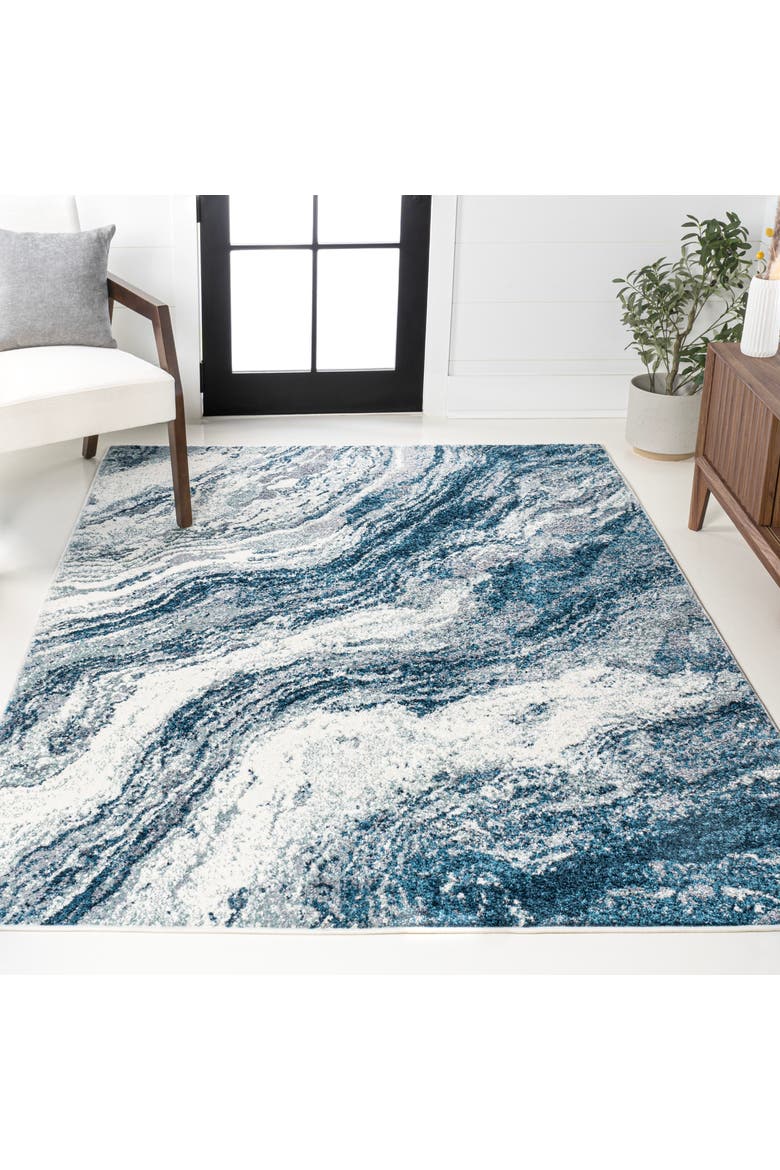 Kassia Contemporary Glam Abstract Marble Area Rug, Alternate, color, Navy/Cream