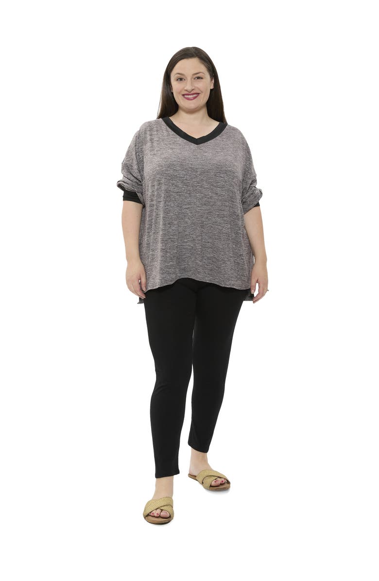 24seven Comfort Apparel Plus Size Two Tone V Neck Long Sleeve Top and Legging Set, Main, color, Black