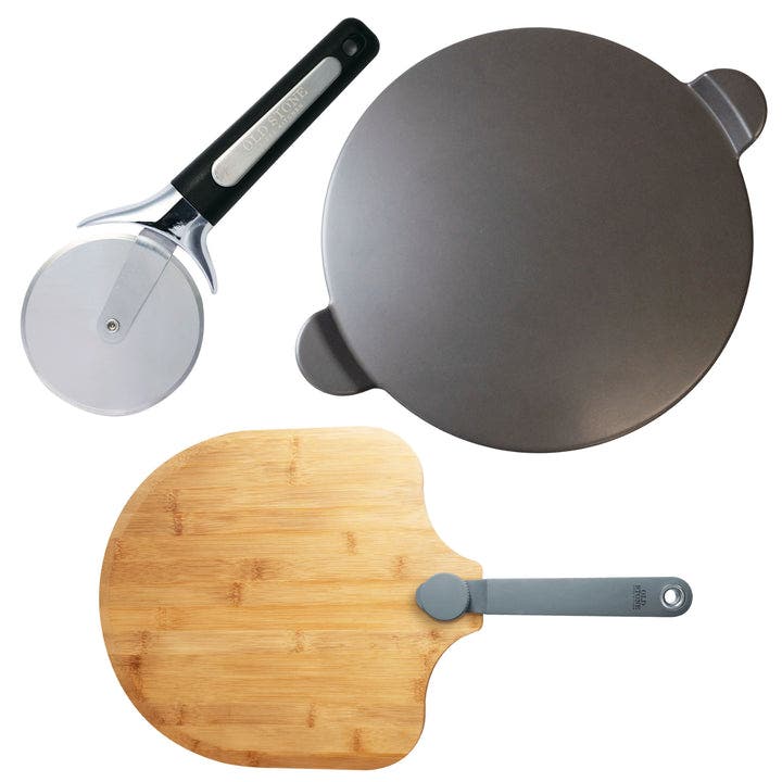 Old Stone Glazed Pizza Stone, Pizza Peel, and Pizza Cutter Set in Bamboo/cordierite 