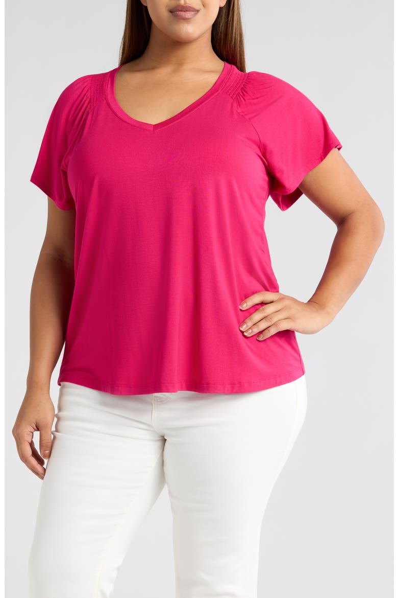 V-Neck Flutter Sleeve Jersey Top, Main, color, CERISE