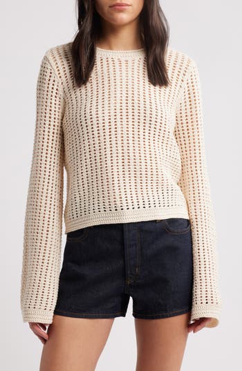 Frame Open Stitch Bell Sleeve Sweater In White