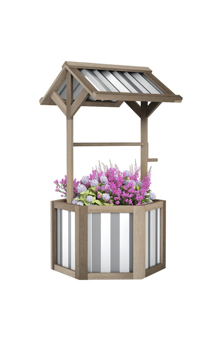 Outsunny Wooden Wishing Well Planter, Main, color, Light Gray