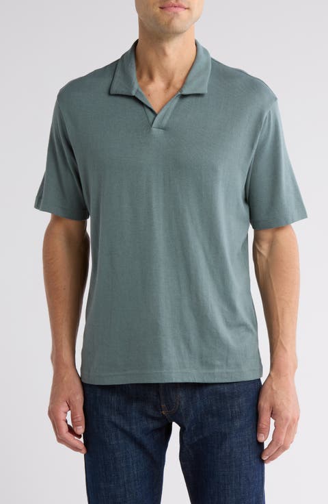 Short Sleeve Cotton & Linen Blend Johnny Collar Polo