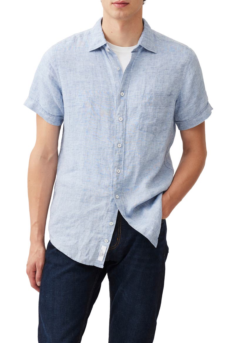 Palm Beach Sports Fit Short Sleeve Linen Button-Up Shirt, Alternate, color, DENIM
