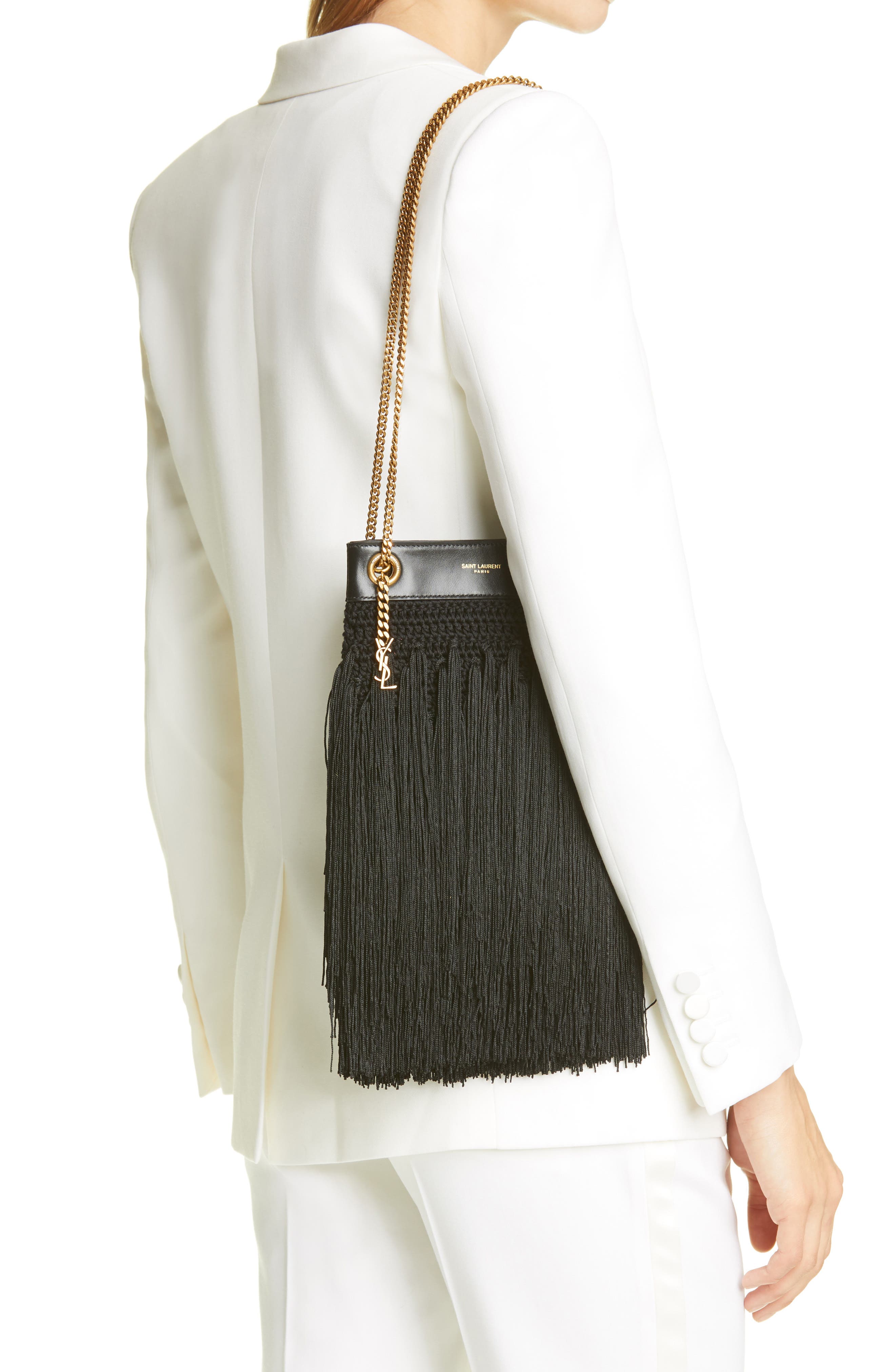 Saint Laurent Small Grace Fringe Macramé Bag, Alternate, color, 